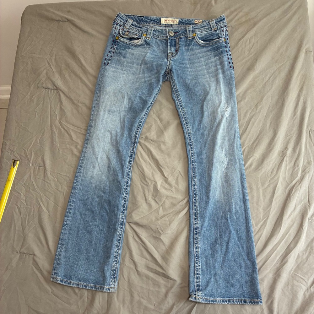 MEK Denim Bootcut Jeans Light Wash Distressed Embroidered Pockets 31x32